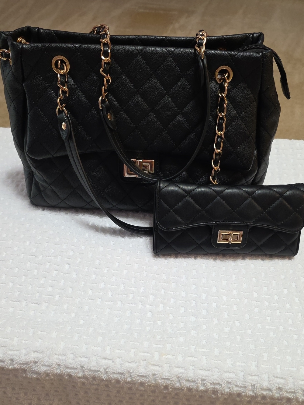 Black Quilted Tote with Matching Wallet and Gold-Tone Chain Straps
